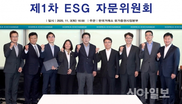 제1차 ESG자문위원회 발족기념으로 임재준 한국거래소 유가증권시장본부장 겸 ESG자문위원회 위원장(왼쪽 여섯번째)과 위원들이 파이팅을 외치며 기념촬영을 하고있다. (사진=거래소)