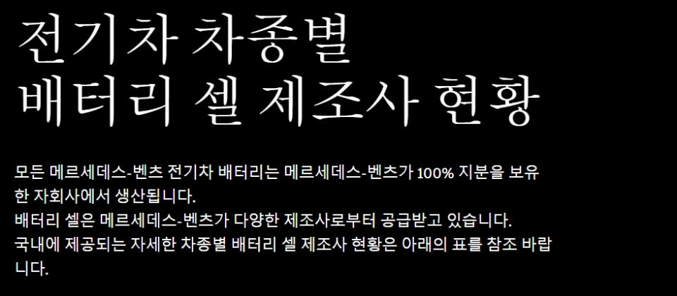 벤츠 코리아 '전기차 차종별 배터리 셀 제조사 현황' 카테고리. [이미지=벤츠 코리아 공식 홈페이지]